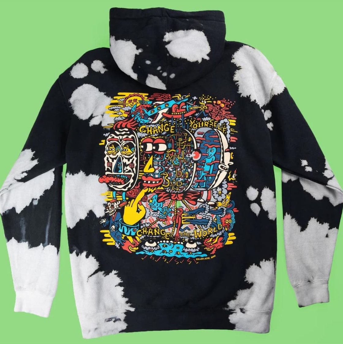 black and white tie-dyed hoodie with a colorful maximalist design