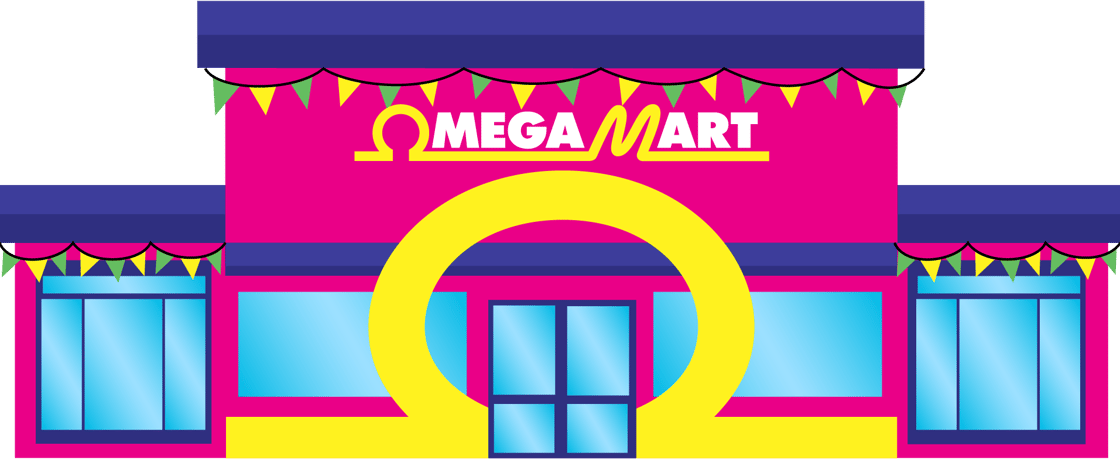 Illustration of the Omega Mart storefront