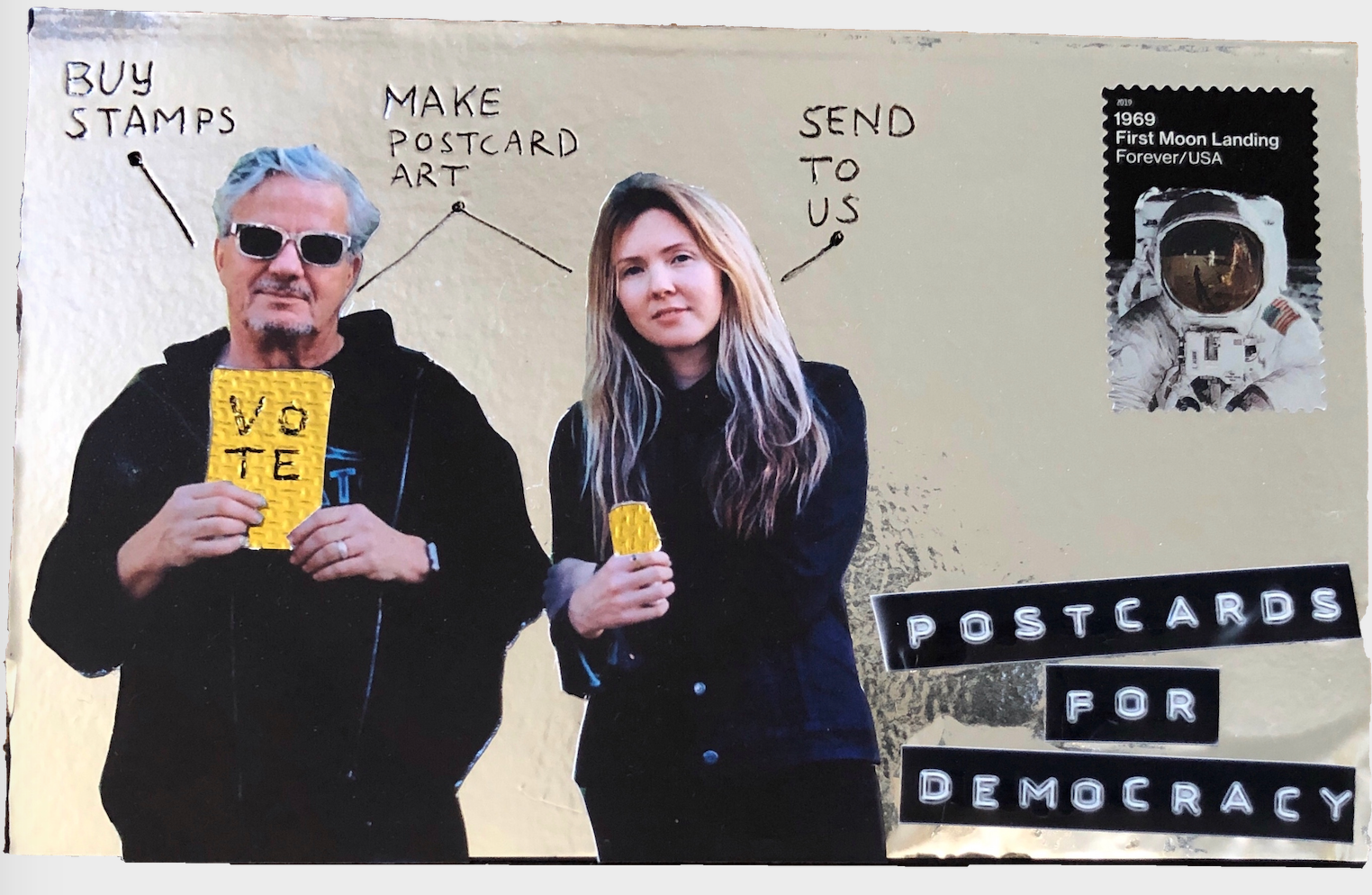 The artists pose on a postcard that reads buy stamps, make postcard art, send to us
