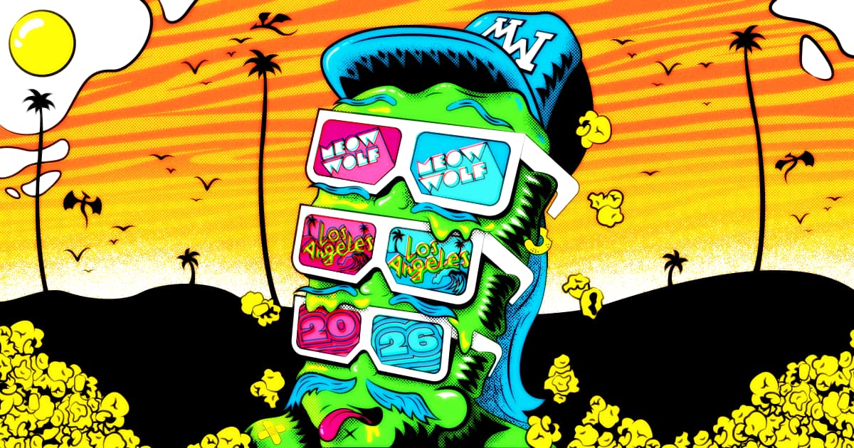 illustration of three rows of meow wolf sunglasses with a hat on a building